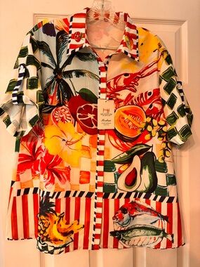 Prebai NWT Vibrant Tropical Button-Up Shirt with Fruit & Fish Print